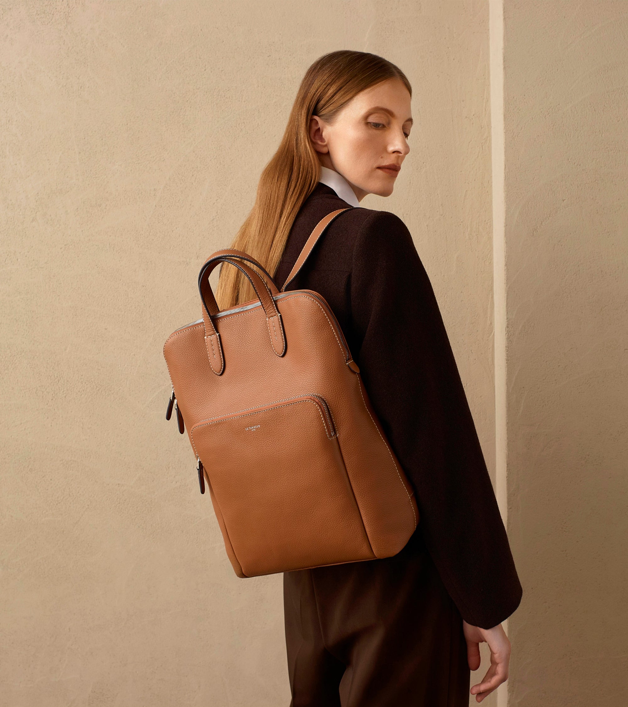 Sophie zipped business backpack in grained leather