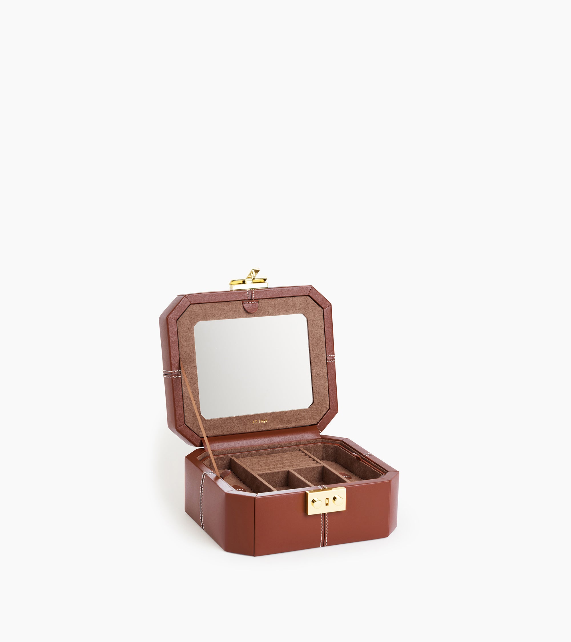 Small leather jewellery box with t-clasp