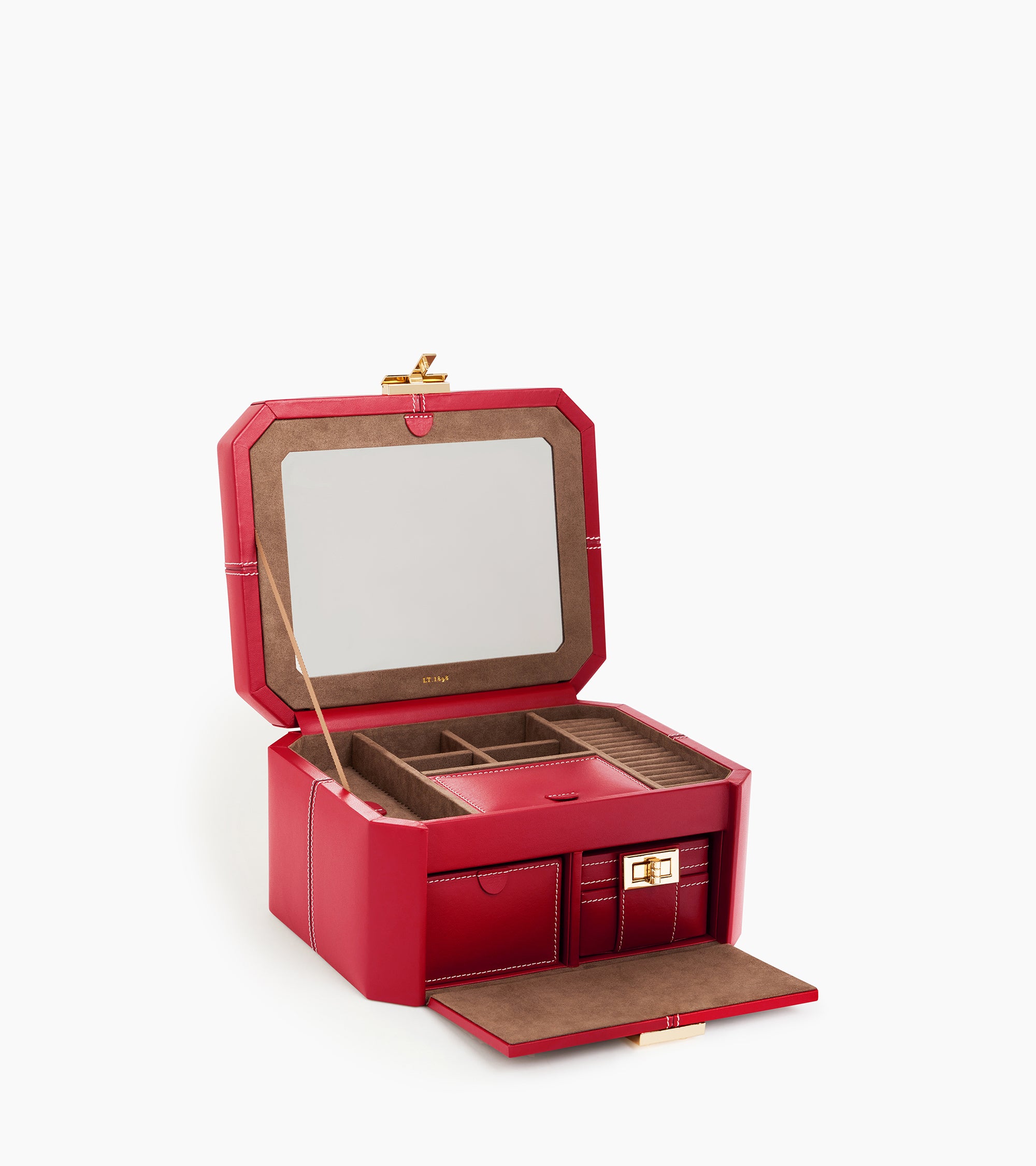 Large leather jewellery box with t-clasp