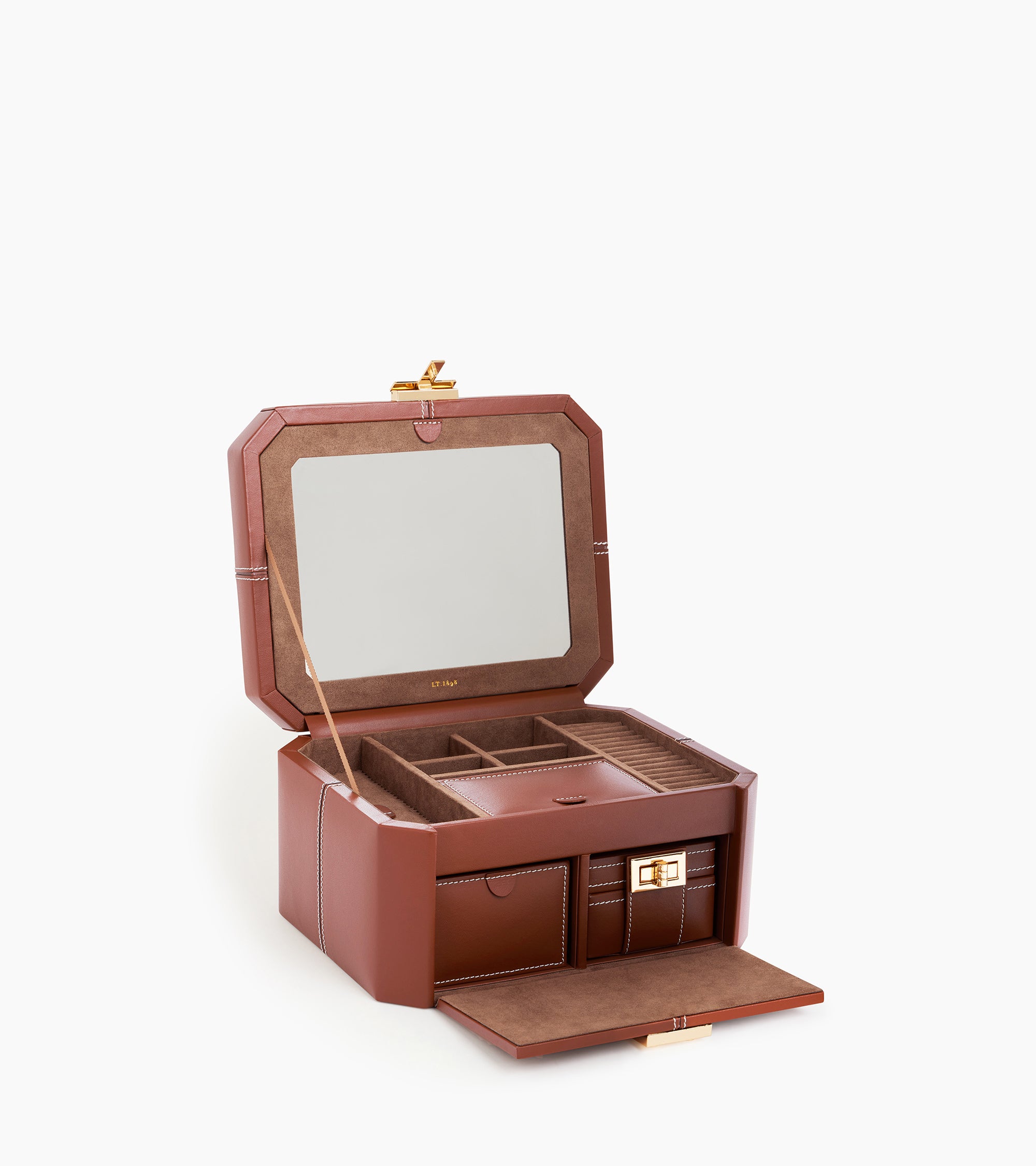 Large leather jewellery box with t-clasp