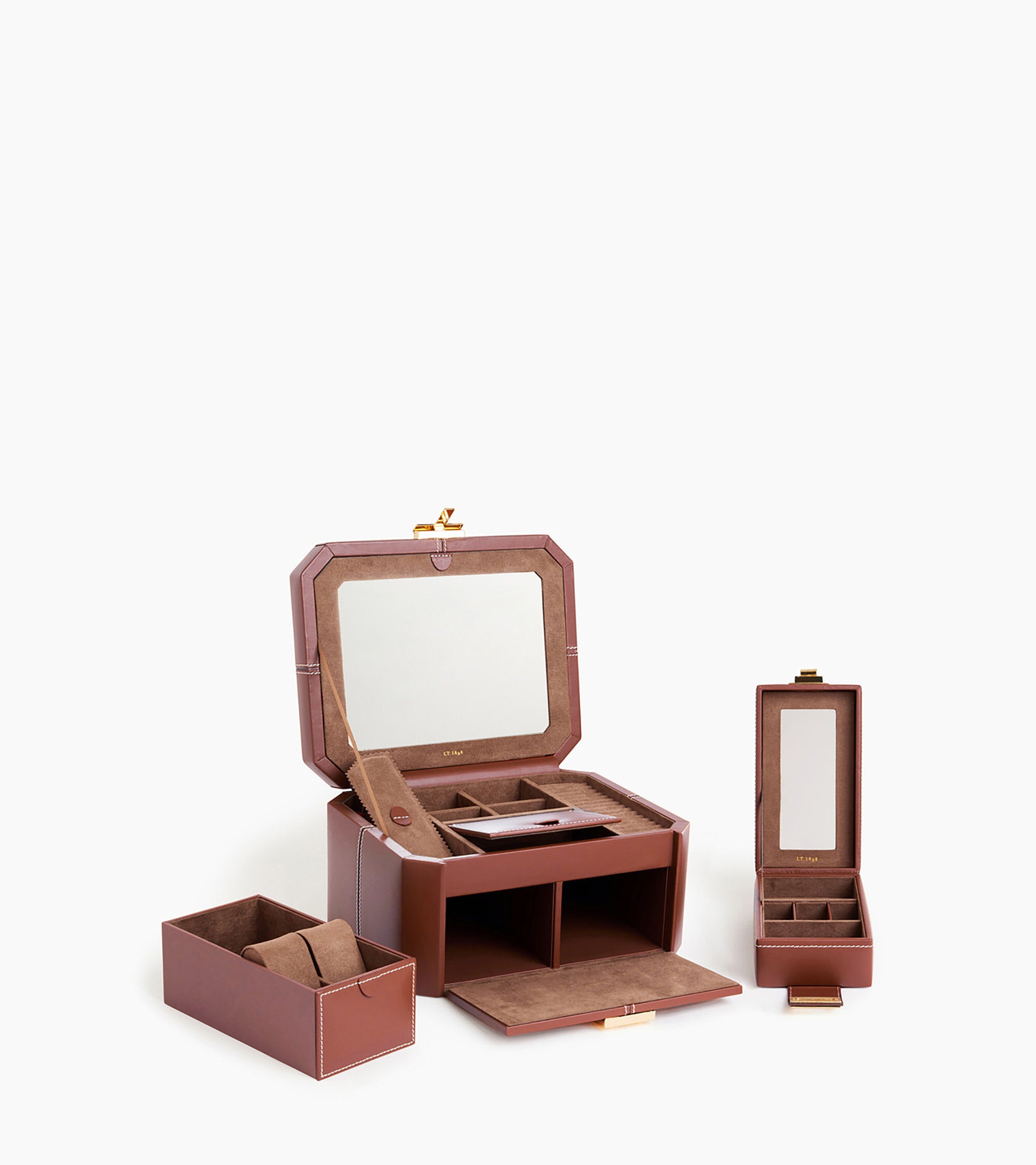 Large leather jewellery box with t-clasp