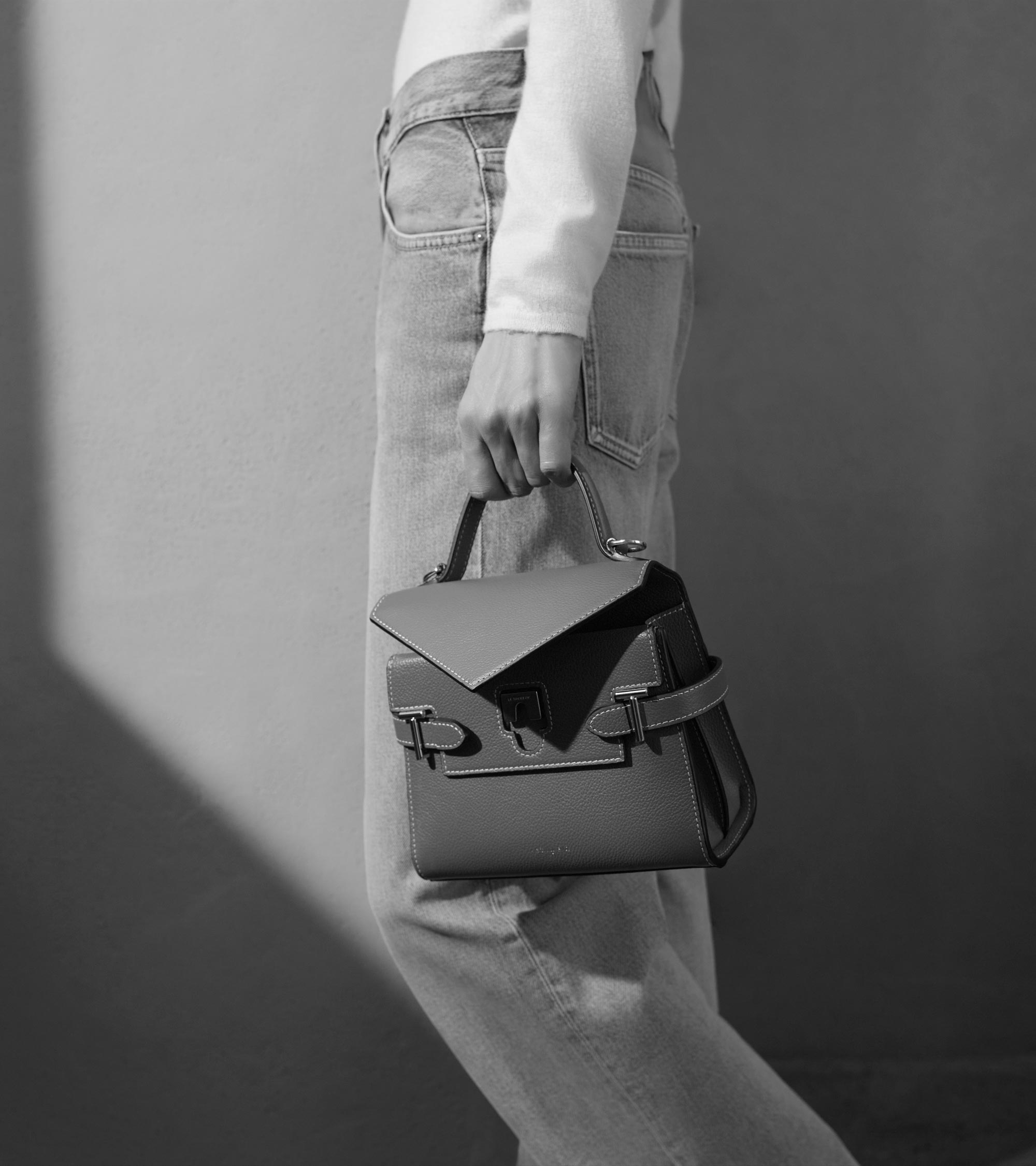 Emilie small grained leather double flap handbag