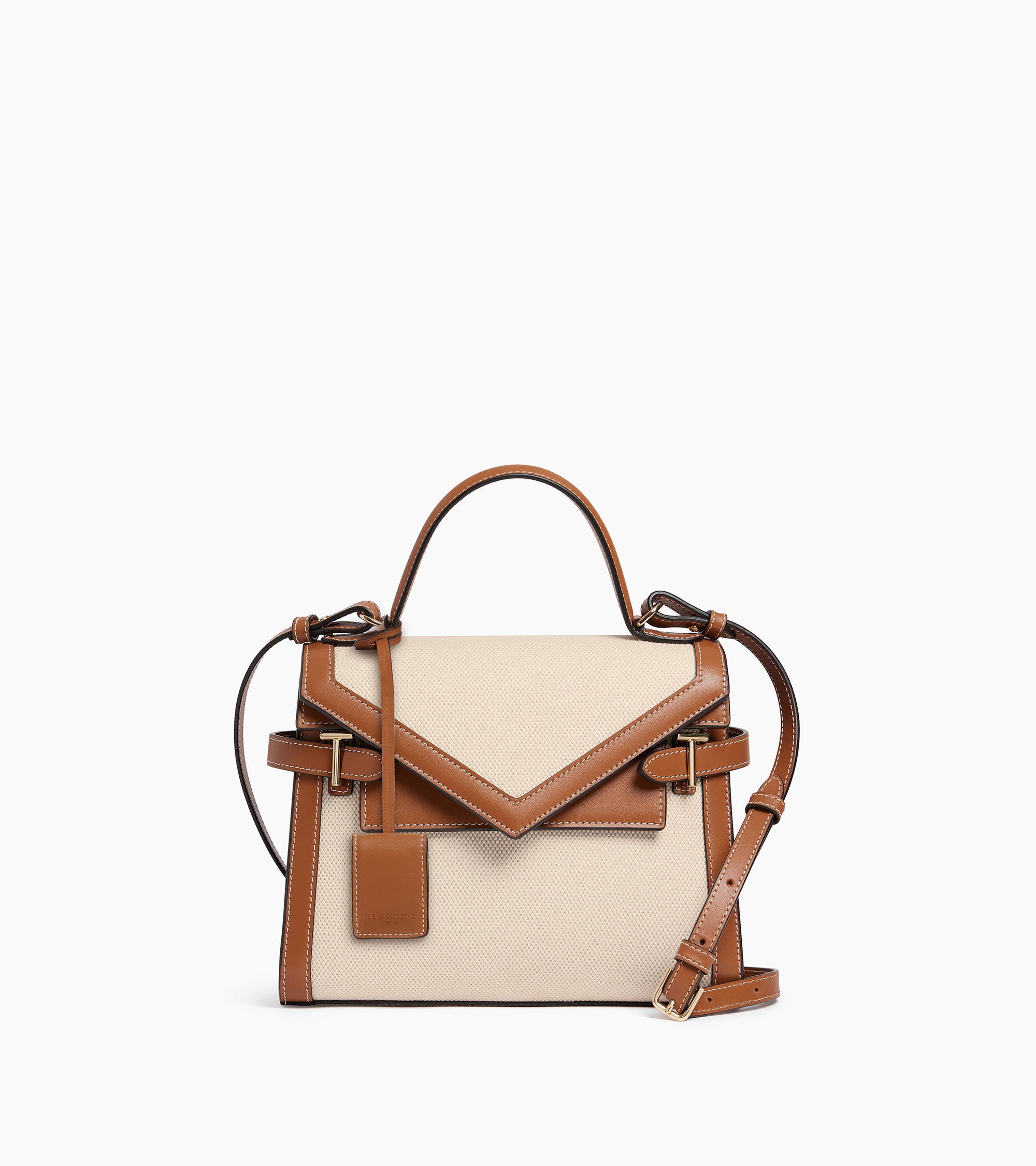 Mittelgroße Handtasche Emilie aus Glattleder und Baumwollcanvas mit Doppelklappe
