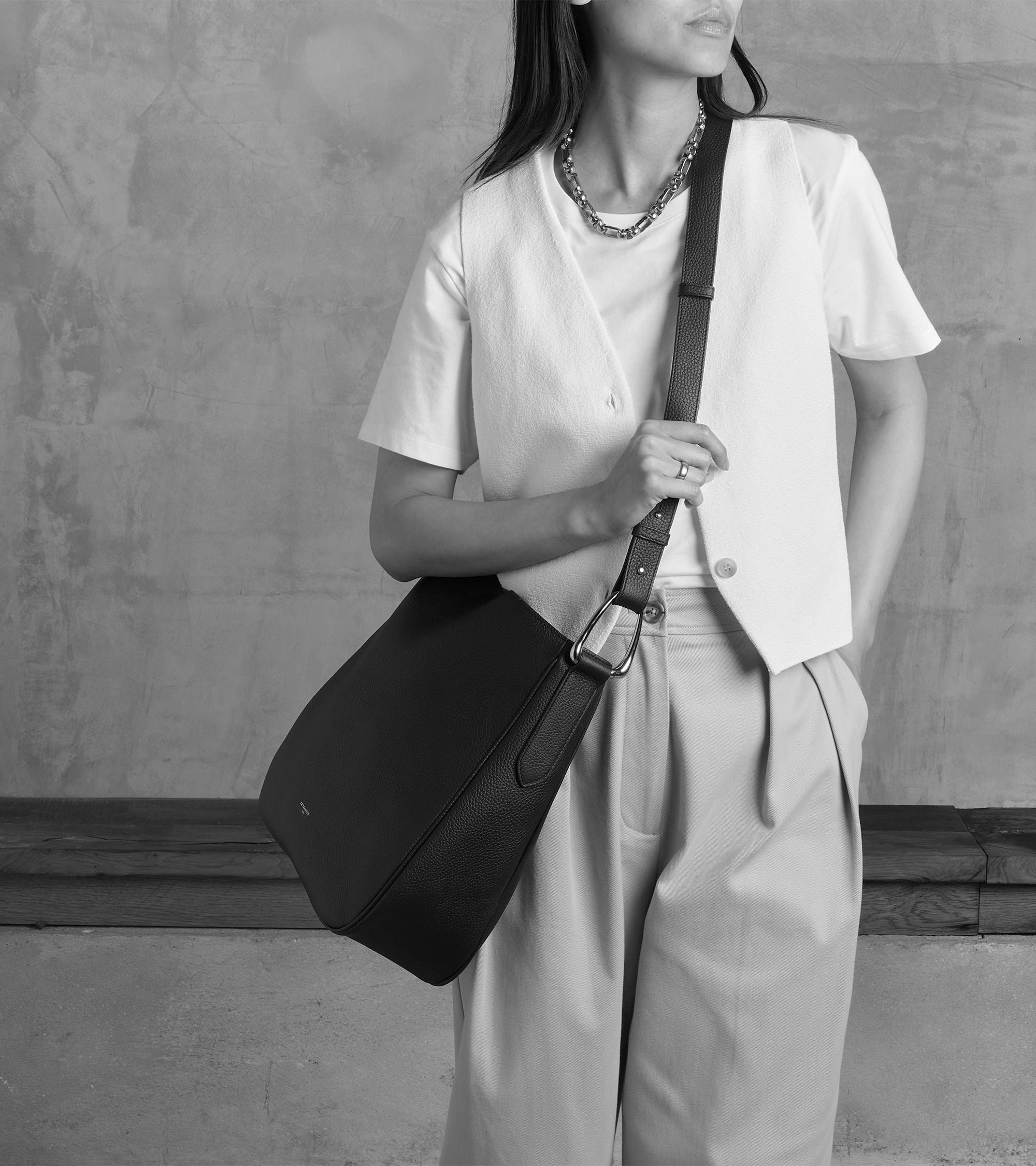 Large hobo bag Madeleine in grained calfskin leather