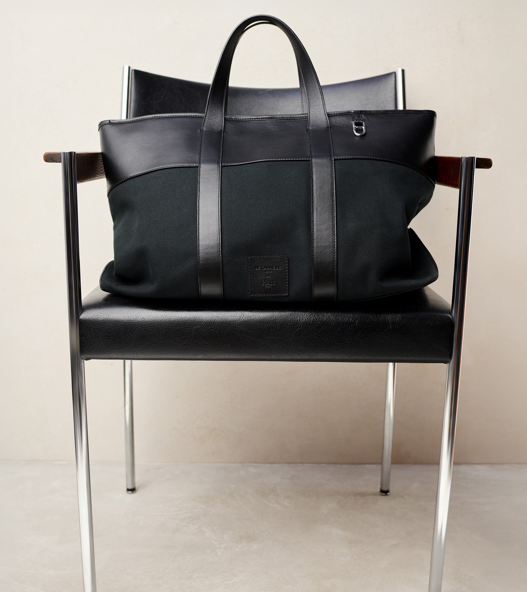 Sac cabas porté main Le Tanneur x HAST en cuir lisse et toile coton